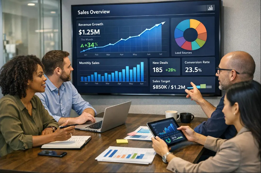 A sales team reviewing performance metrics together around a conference table.