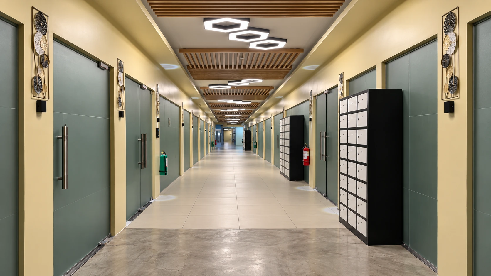 A hallway with secure personal storage lockers outside the offices.
